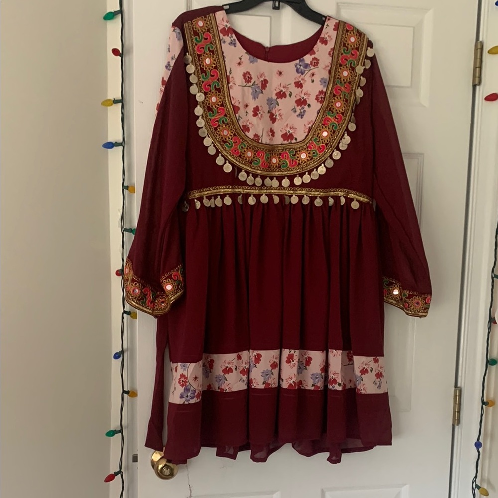 Afghan burgundy Floral Dress